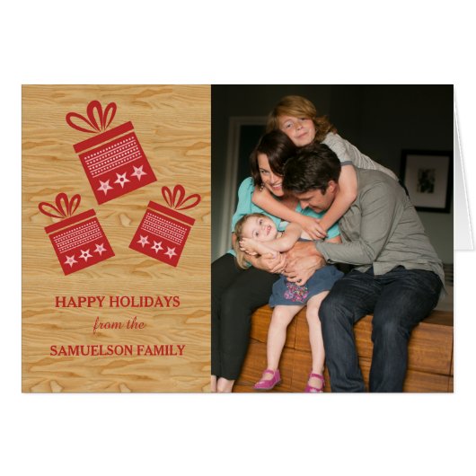 Red Rustic Presents Holiday Photo Card (Front Horizontal)
