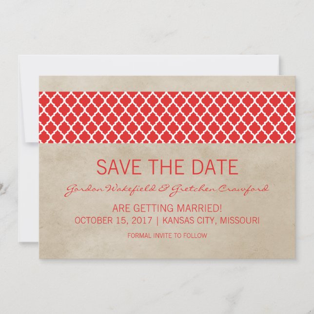 Red Rustic Quatrefoil Save the Date Invite (Front)