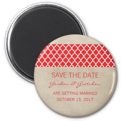 Red Rustic Quatrefoil Save the Date Magnet