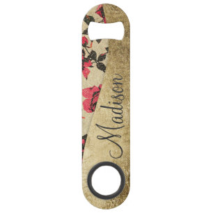 Red Rustic Roses on Faux Gold Monogram Speed Bottle Opener