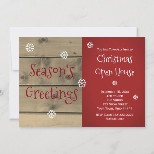 Red Rustic Seasons Greetings Christmas Open House Invitation