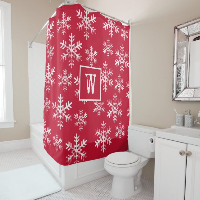 Red Rustic Snowflake Monogram Christmas Shower Curtain (In Situ)