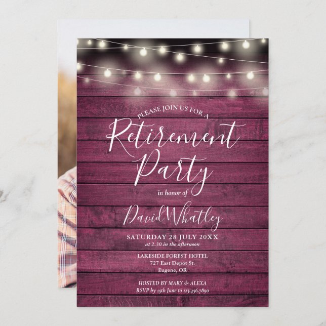 Red Rustic String Lights Photo Retirement Party Invitation (Front/Back)