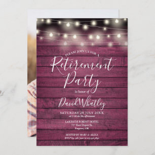 Red Rustic String Lights Photo Retirement Party Invitation