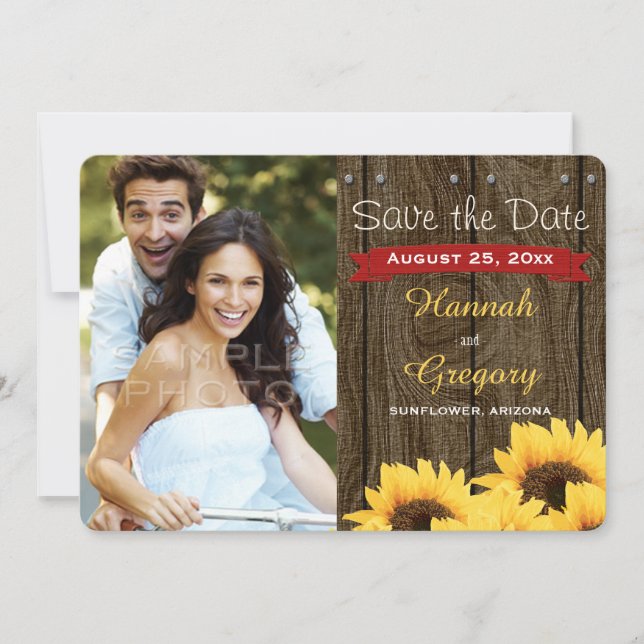 RED RUSTIC SUNFLOWER 2 PHOTO WEDDING INVITATION (Front)