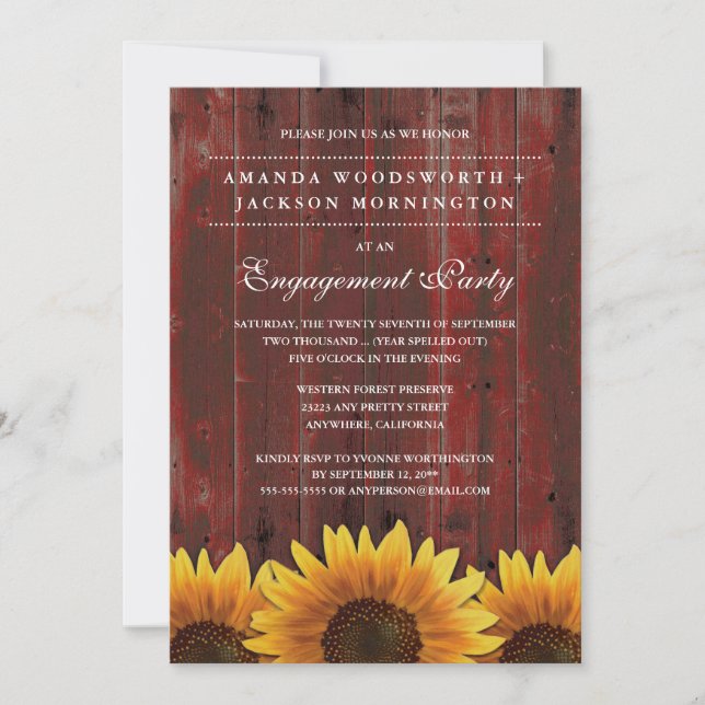 Red Rustic Sunflower Engagement Party Invitations (Front)