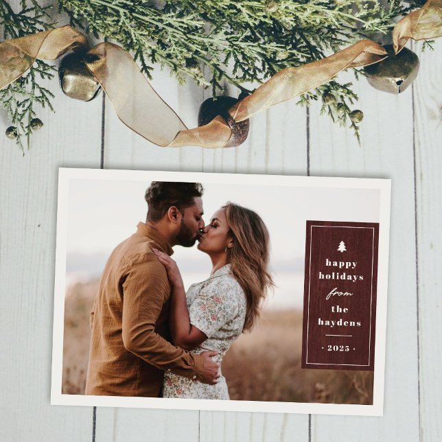 Red Rustic Tree Woodgrain Christmas Photo Card (Creator Uploaded)
