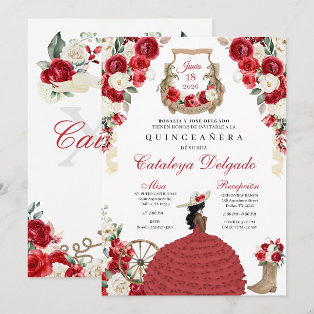 Red Rustic Western Charro Princess Quinceañera Invitation (Front/Back)
