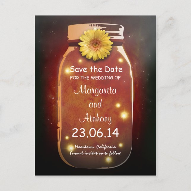 Red Rustic Whimsical Mason Jar Save the Date Announcement Postcard (Front)