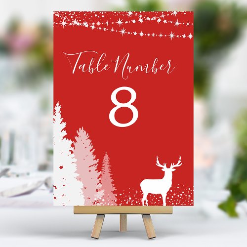 Red Rustic Winter Woodland Deer Red Table Number