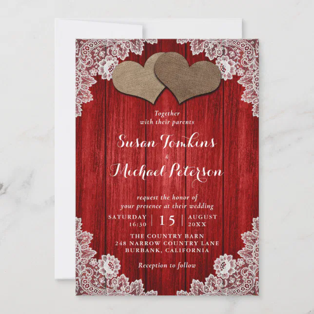 Red Rustic Wood Burlap And Lace Wedding Invitation Zazzle