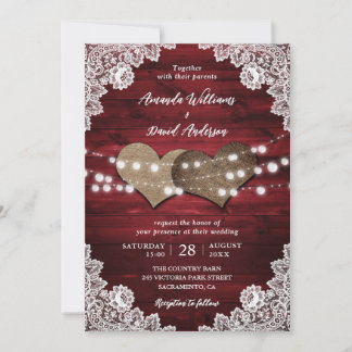 Red Rustic Wood Burlap Lace String Lights Wedding Invitation
