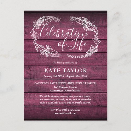 Red Rustic Wood Celebration of Life Funeral Announcement Postcard