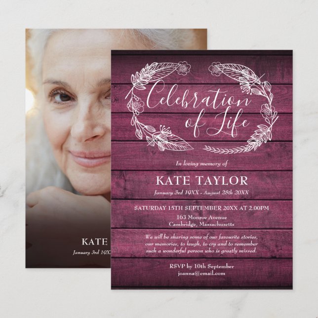 Red Rustic Wood Celebration of Life Photo Announcement Postcard (Front/Back)