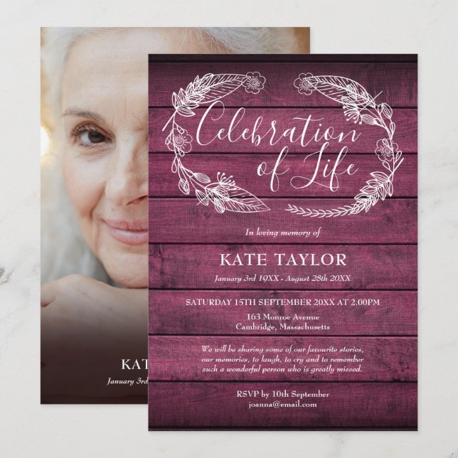 Red Rustic Wood Funeral Celebration of Life Photo  Invitation (Front/Back)