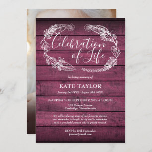 Red Rustic Wood Funeral Celebration of Life Photo Invitation