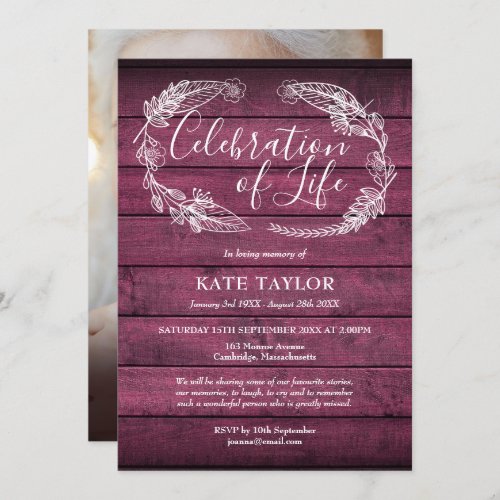 Red Rustic Wood Funeral Celebration of Life Photo  Invitation