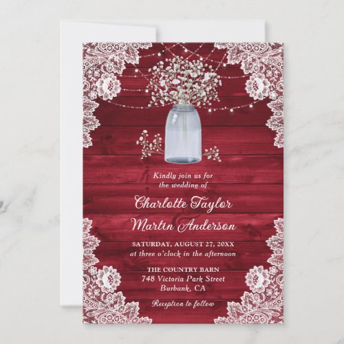 Red Rustic Wood Lace Babys Breath Wedding Invitation
