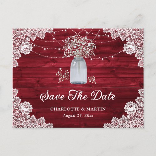 Red Rustic Wood Lace Mason Jar Floral Wedding Announcement Postcard