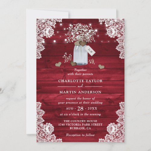 Red Rustic Wood Mason Jar Floral Wedding Invitation