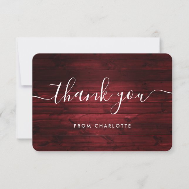 Red Rustic Wood Wedding Shower Birthday Thank You Card (Front)