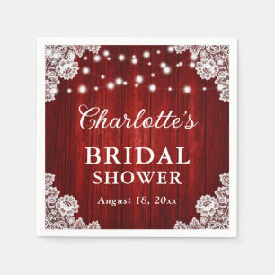 Red Rustic Wood White Floral Lace Bridal Shower Napkins