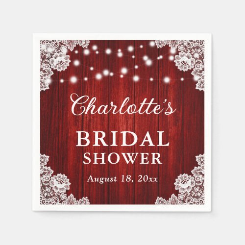 Red Rustic Wood White Floral Lace Bridal Shower Napkins