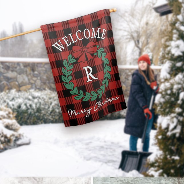 Red Rustic Wreath & Bow Monogram Welcome Christmas House Flag (Creator Uploaded)