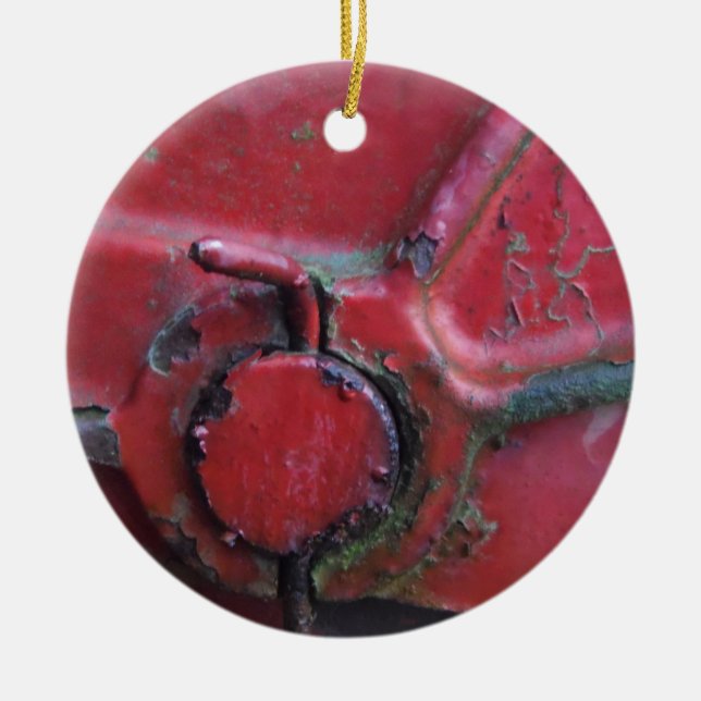 Red rusty truck close-up ceramic ornament (Front)