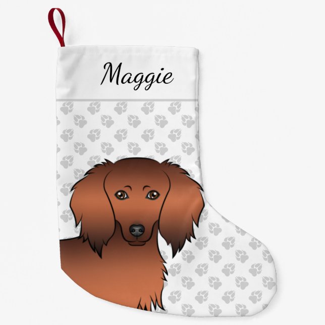 Red Sable Long Hair Dachshund Cartoon Dog Head Small Christmas Stocking (Front)