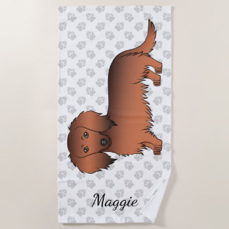 Red Sable Long Hair Dachshund Cartoon Dog &amp; Name Beach Towel