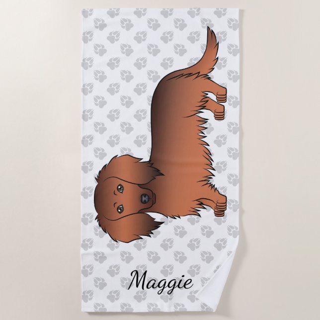 Red Sable Long Hair Dachshund Cartoon Dog & Name Beach Towel (Front)
