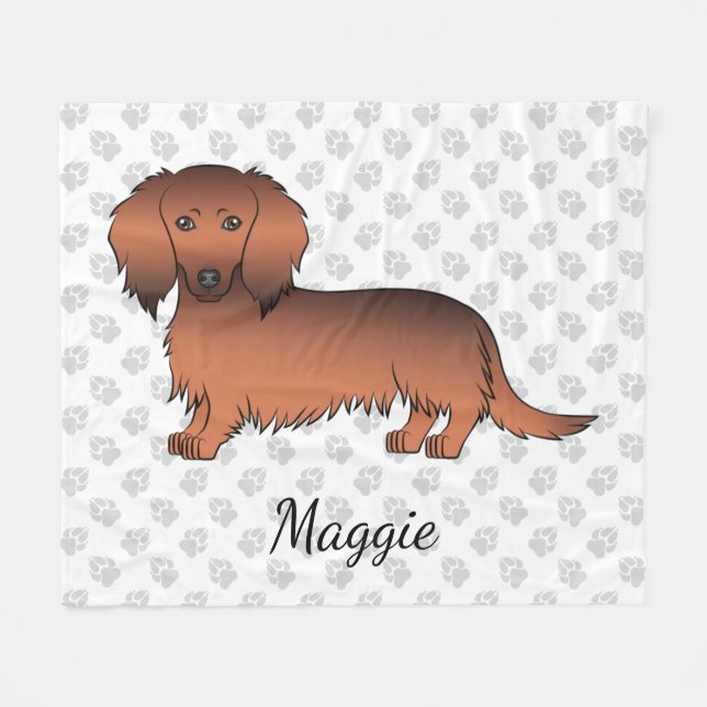 Red Sable Long Hair Dachshund Cartoon Dog & Name Fleece Blanket (Front (Horizontal))
