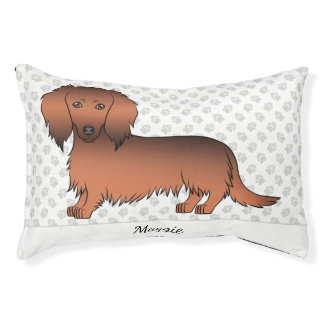 Red Sable Long Hair Dachshund Cartoon Dog &amp; Name Pet Bed