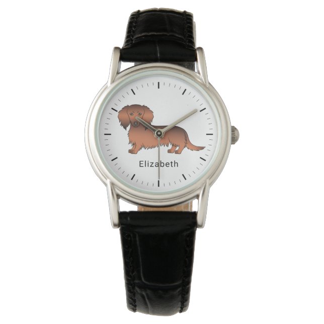 Red Sable Long Hair Dachshund Cartoon Dog & Name Watch (Front)