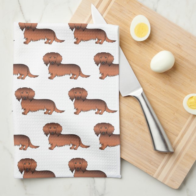 Red Sable Long Hair Dachshund Cartoon Dog Pattern Kitchen Towel (Quarter Fold)