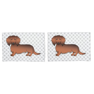 Red Sable Long Hair Dachshund Cartoon Dog & Paws Pillow Case