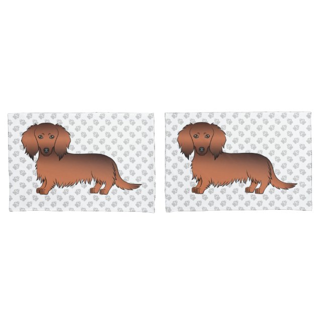 Red Sable Long Hair Dachshund Cartoon Dog & Paws Pillow Case (Front-Set)