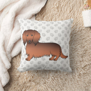 Red Sable Long Hair Dachshund Cartoon Dog & Paws Throw Pillow