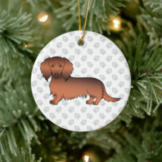 Red Sable Long Hair Dachshund Cartoon Dog &amp; Text Ceramic Ornament