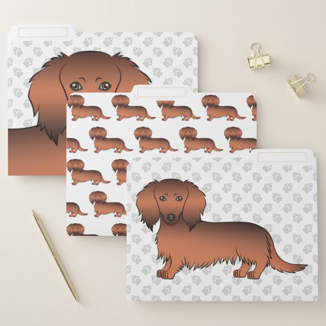 Red Sable Long Hair Dachshund Cute Cartoon Dog File Folder (Set)