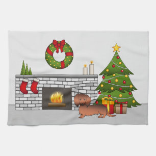 Red Sable Long Hair Dachshund Dog - Christmas Room Kitchen Towel