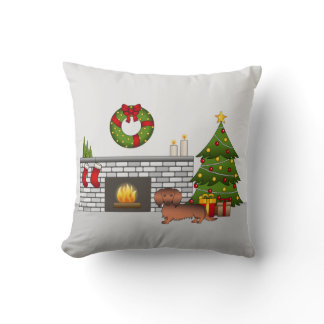 Red Sable Long Hair Dachshund Dog - Christmas Room Throw Pillow