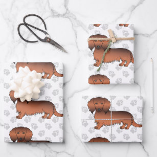 Red Sable Long Hair Dachshund Dog Pattern & Paws Wrapping Paper Sheets