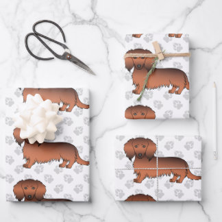 Red Sable Long Hair Dachshund Dog Pattern &amp; Paws Wrapping Paper Sheets