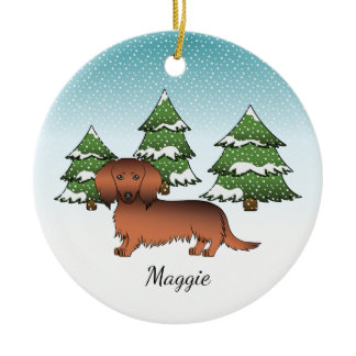 Red Sable Long Hair Dachshund Dog - Winter Forest Ceramic Ornament
