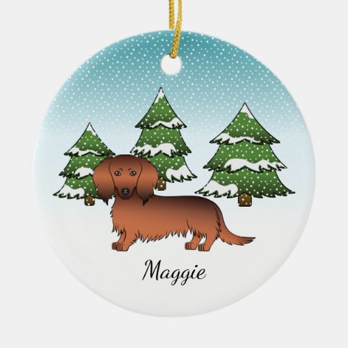 Red Sable Long Hair Dachshund Dog _ Winter Forest Ceramic Ornament