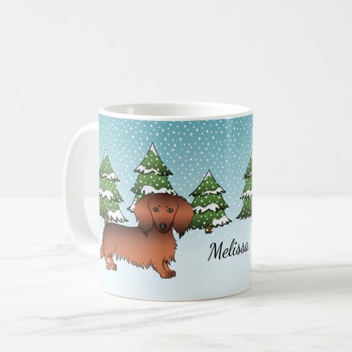 Red Sable Long Hair Dachshund Dog _ Winter Forest Coffee Mug
