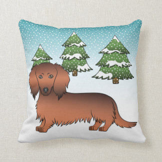Red Sable Long Hair Dachshund Dog - Winter Forest Throw Pillow