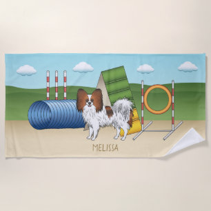 Red Sable Papillon Agility Dog With Custom Name Beach Towel